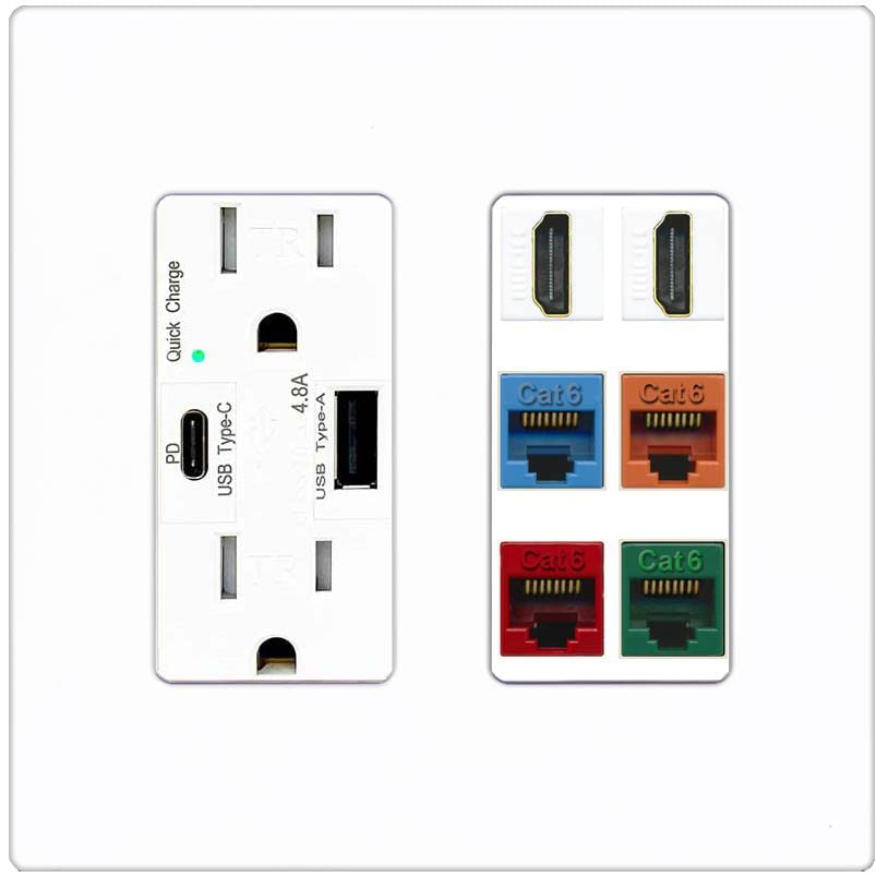 RiteAV 2 HDMI 4 Cat6 Ethernet Mixed Color Wall Plate - USB A+C Charger [Screwless White]