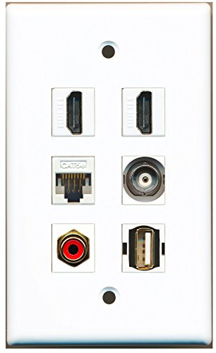 RiteAV - 2 HDMI 1 Port RCA Red 1 Port USB A-A 1 Port BNC 1 Port Cat5e Ethernet White Wall Plate