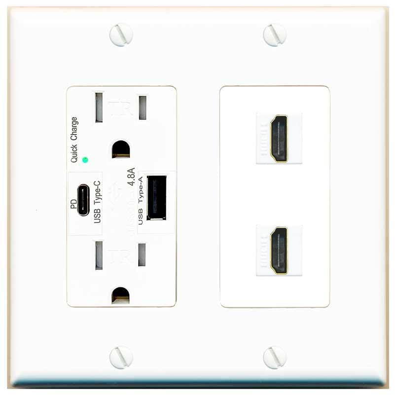 RiteAV HDMI Wall Plate 2 Port - USB A+C Charger [White/White]