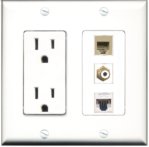 RiteAV - 15 Amp Power Outlet 1 Port RCA White 1 Port Phone Beige 1 Port Cat5e Ethernet White Decorative Wall Plate