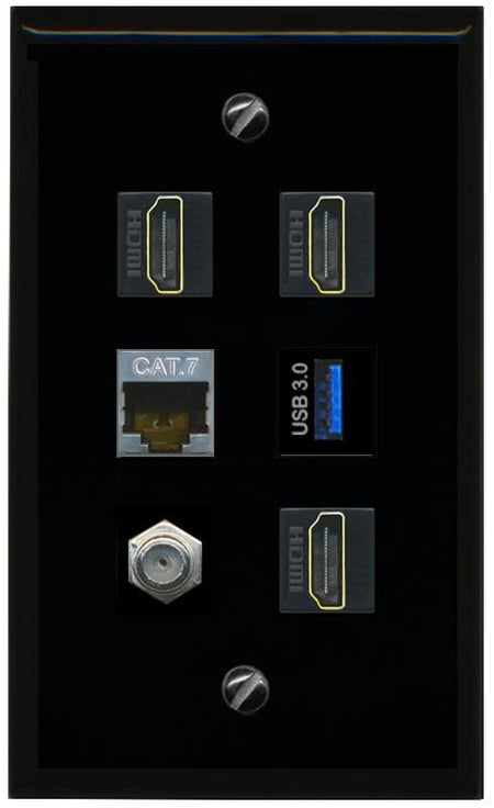 RiteAV CAT7 Coax 3 HDMI USB 3 Flat/Solid Wall Plate [Black]