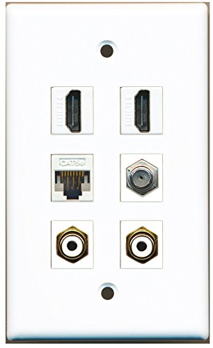 RiteAV - 2 HDMI 2 Port RCA White 1 Port Coax Cable TV- F-Type 1 Port Cat5e Ethernet White Wall Plate