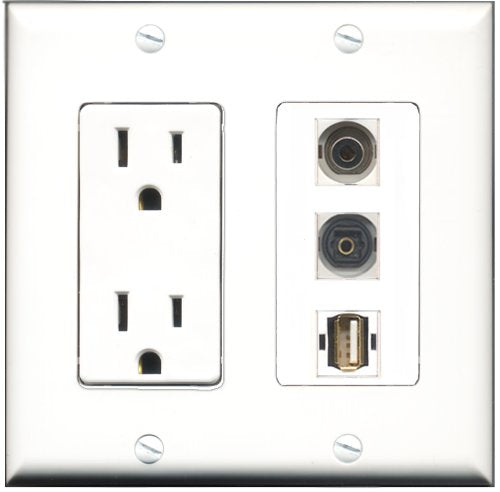 RiteAV - 15 Amp Power Outlet 1 Port USB A-A 1 Port Toslink 1 Port 3.5mm Decorative Wall Plate