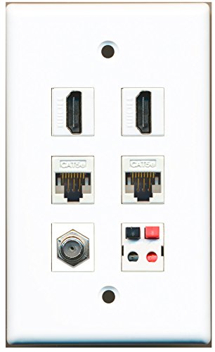 RiteAV - 2 HDMI 1 Port Coax Cable TV- F-Type 2 Port Cat5e Ethernet White 1 Port Speaker Wall Plate