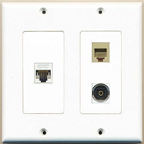 RiteAV - 1 Port Phone RJ11 RJ12 Beige 1 Port Toslink 1 Port Cat5e Ethernet White - 2 Gang Wall Plate