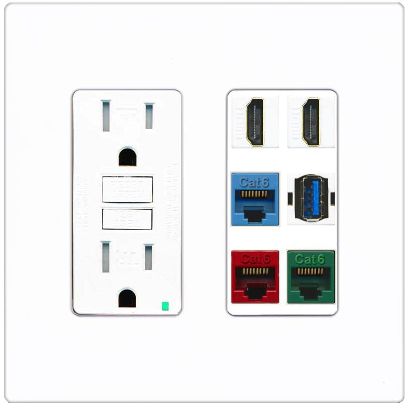 RiteAV 2 HDMI 3 Cat6 Ethernet USB3 Mixed Color Wall Plate - GFCI [Screwless White]