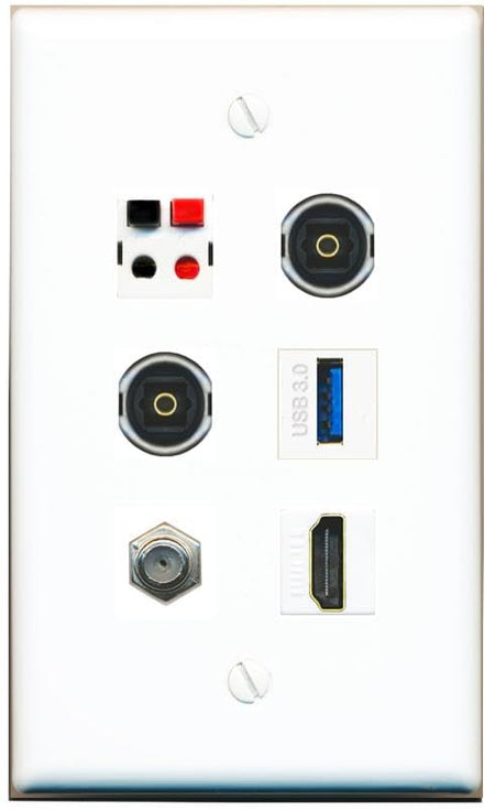 RiteAV COAX HDMI SPEAKER 2 TOSLINK USB-3 Flat/Solid Wall Plate [White]