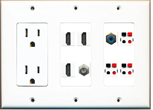 RiteAV (3 Gang 15A Power Outlet 3 HDMI Coax RCA Blue 3 Speaker Jack Wall Plate White