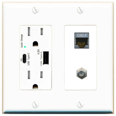 RiteAV Coax and Cat7 Wall Plate - USB A+C Charger [White/White]
