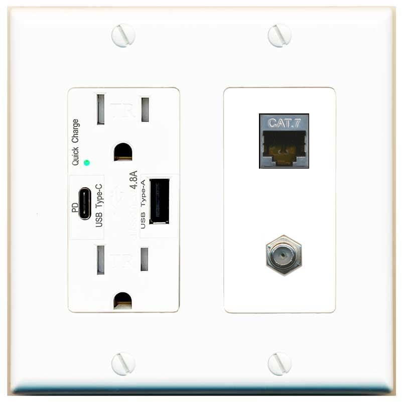 RiteAV Coax and Cat7 Wall Plate - USB A+C Charger [White/White]