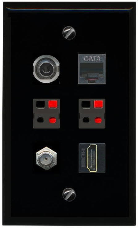 RiteAV 3.5mm COAX HDMI PHONE 2 SPEAKER Flat/Solid Wall Plate [Black]