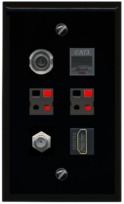 RiteAV 3.5mm COAX HDMI PHONE 2 SPEAKER Flat/Solid Wall Plate [Black]