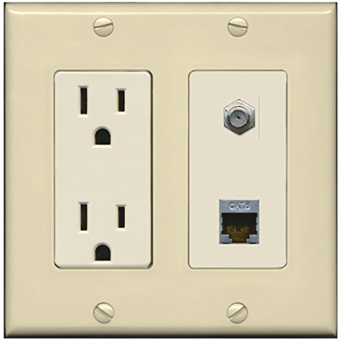 RiteAV - 15 Amp Power Outlet 1 Port Coax Cable TV- F-Type and Shielded Cat6 Ethernet Wall Plate - Ivory/Light Almond