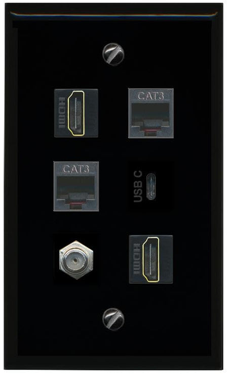 RiteAV Coax 2 HDMI 2 Phone USBC Flat/Solid Wall Plate [Black]