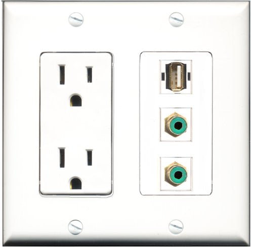 RiteAV - 15 Amp Power Outlet 2 Port RCA Green 1 Port USB A-A Decorative Wall Plate