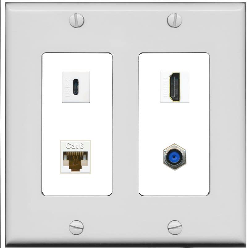 RiteAV USBC HDMI Cat6 Coax F81 Wall Plate - 2 Gang [Gray/White]