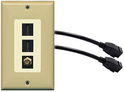 RiteAV (1 Gang Decorative 2 HDMI Black Coax Wall Plate w/Pigtail Extension Cable Ivory (Lt. Almond Insert)