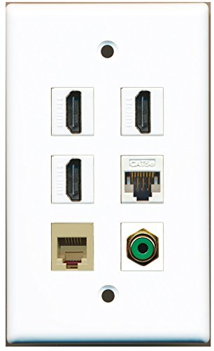 RiteAV - 3 HDMI 1 Port RCA Green 1 Port Phone RJ11 RJ12 Beige 1 Port Cat5e Ethernet White Wall Plate