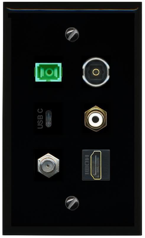 RiteAV Coax HDMI RCA White SC APC Simplex Fiber TOSLINK USBC Flat/Solid Wall Plate [Black]