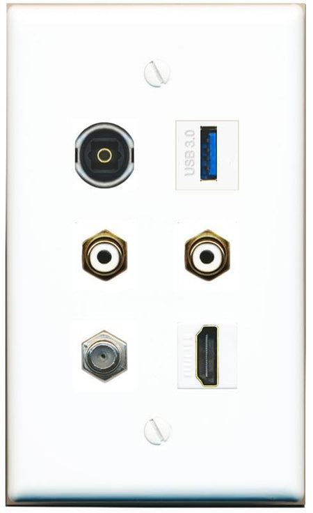 RiteAV Coax HDMI 2 RCA-White TOSLINK USB-3 Flat/Solid Wall Plate [White]