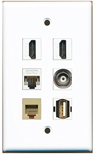 RiteAV - 2 HDMI 1 Port USB A-A 1 Port Phone RJ11 RJ12 Beige 1 Port BNC 1 Port Cat5e Ethernet White Wall Plate