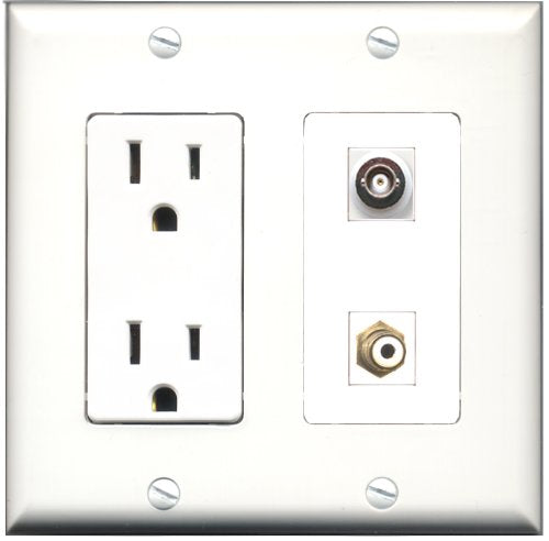 RiteAV - 15 Amp Power Outlet and 1 Port RCA White and 1 Port BNC Decorative Type Wall Plate White