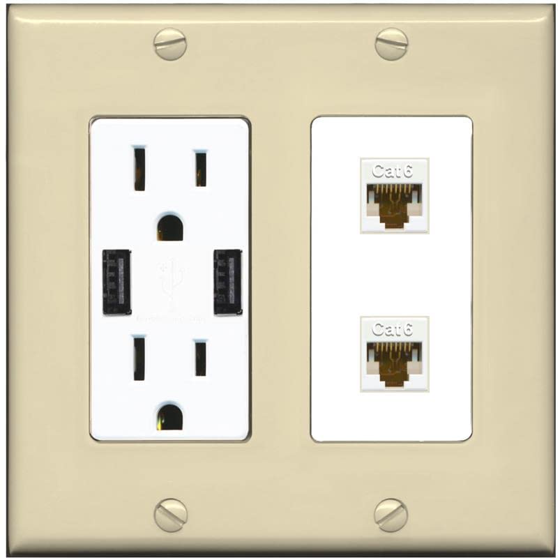 RiteAV 2 Port Cat6 Ethernet Wall Plate - USB Charger [Ivory/White]