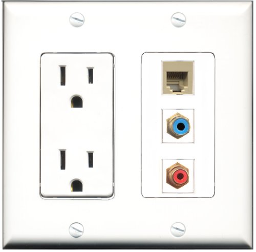 RiteAV - 15 Amp Power Outlet 1 Port RCA Red 1 Port RCA Blue 1 Port Phone Beige Decorative Wall Plate