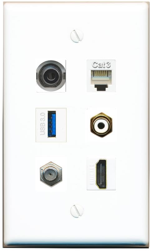 RiteAV 3.5mm Coax HDMI Phone RCA-White USB-3 Flat/Solid Wall Plate [White]