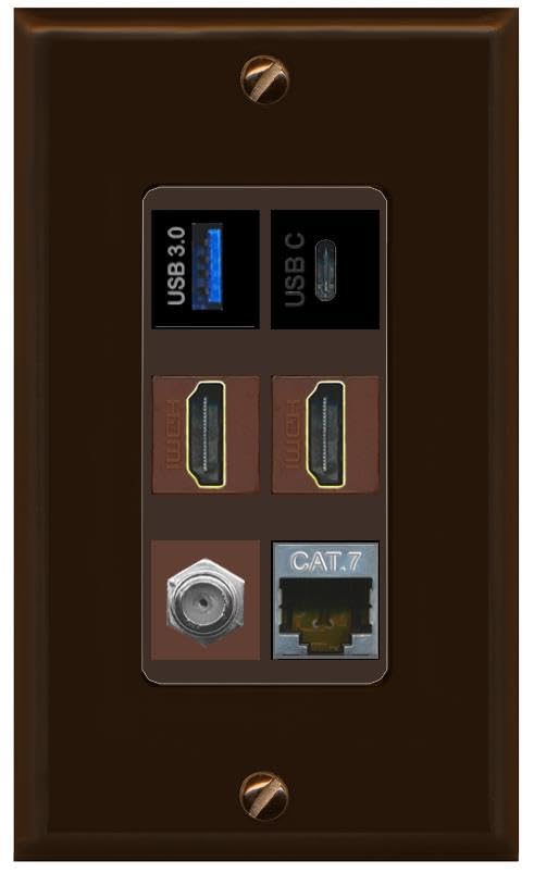 RiteAV USB 3 USB C 2 HDMI Coax Cat7 Wall Plate - 1 Gang [Brown/Brown]