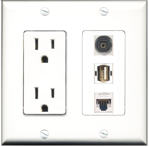 RiteAV - 15 Amp Power Outlet 1 Port USB A-A 1 Port Toslink 1 Port Cat5e Ethernet White Decorative Wall Plate