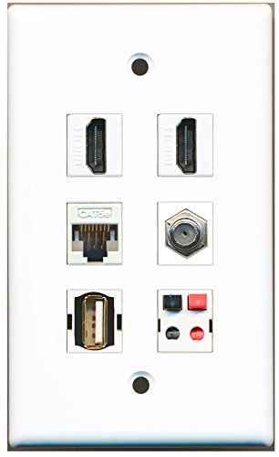 RiteAV - 2 HDMI 1 Port Coax Cable TV- F-Type 1 Port USB A-A 1 Port Cat5e Ethernet White 1 Port Speaker Wall Plate