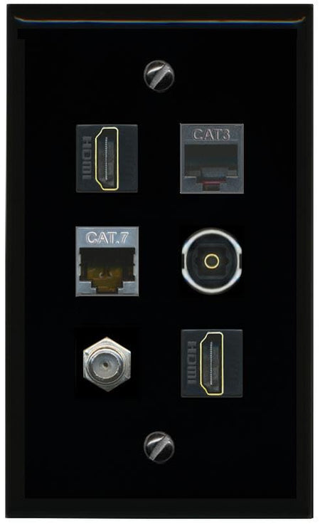 RiteAV CAT7 Coax 2 HDMI Phone TOSLINK Flat/Solid Wall Plate [Black]