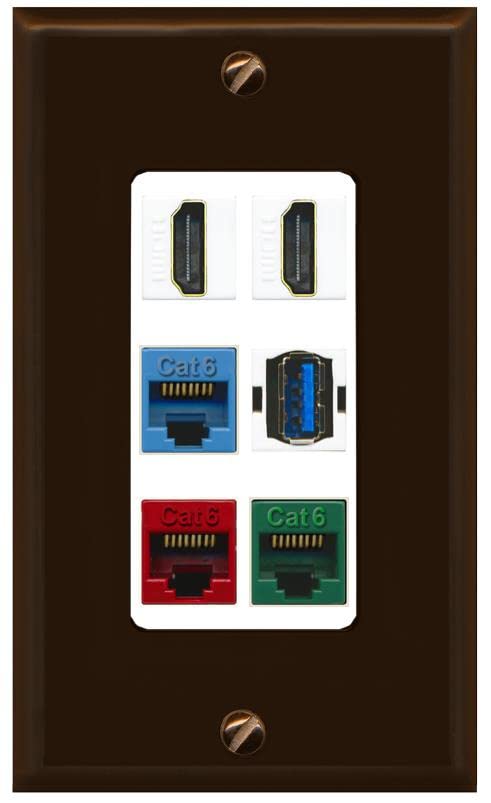 RiteAV 2 HDMI 3 Cat6 Ethernet USB3 Mixed Color Wall Plate - 1 Gang [Brown/White]