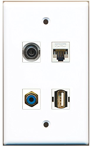 RiteAV - 1 Port RCA Blue 1 Port USB A-A 1 Port 3.5mm 1 Port Cat5e Ethernet White Wall Plate