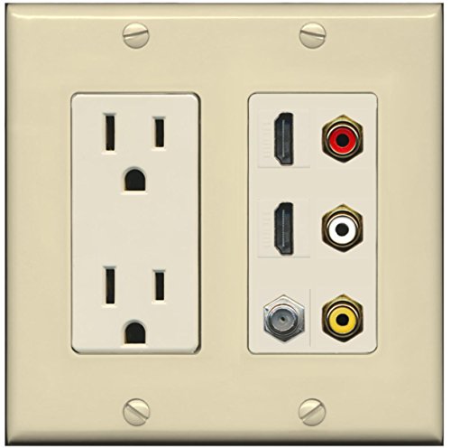 RiteAV - 2 x 15 Amp 125V Power Outlet 3 x RCA - 2 X HDMI and 1 x Coax Cable TV Port Wall Plate - Ivory/Light Almond