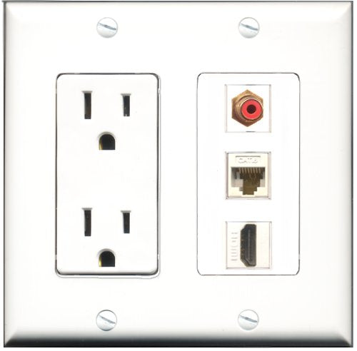 RiteAV - 15 Amp Power Outlet 1 Port HDMI 1 Port RCA Red 1 Port Cat6 Ethernet Ethernet White Decorative Wall Plate