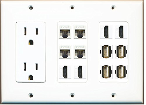 RiteAV - (3 Gang 15A Power Outlet 4 HDMI 4 Cat5e White 4 USB A-A Wall Plate White