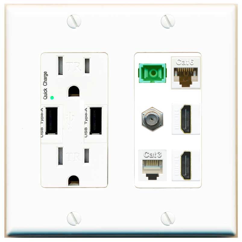 RiteAV 1 Port Fiber Optic Jack SC Simplex APC + Cat6 + Coax + 2 x HDMI + Phone Wall Plate-USB Charger White