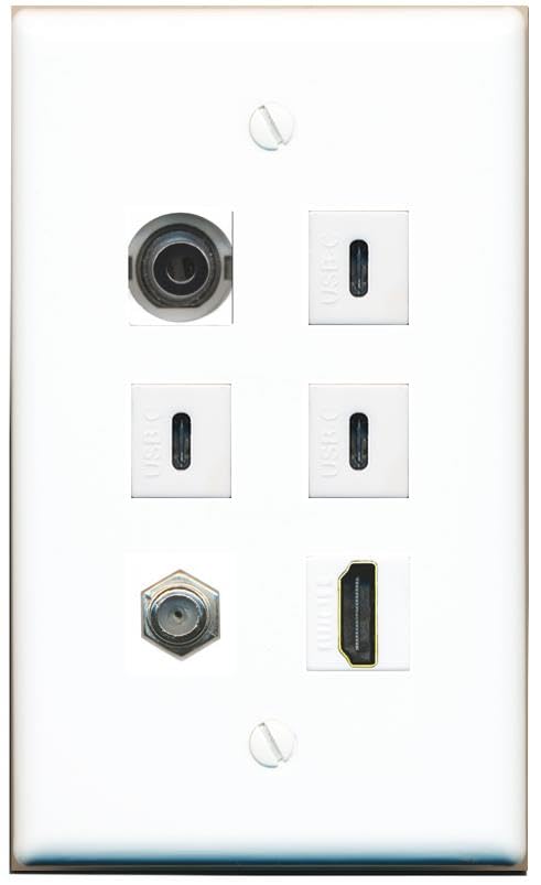 RiteAV 3.5mm Coax HDMI 3 USBC Flat/Solid Wall Plate [White]