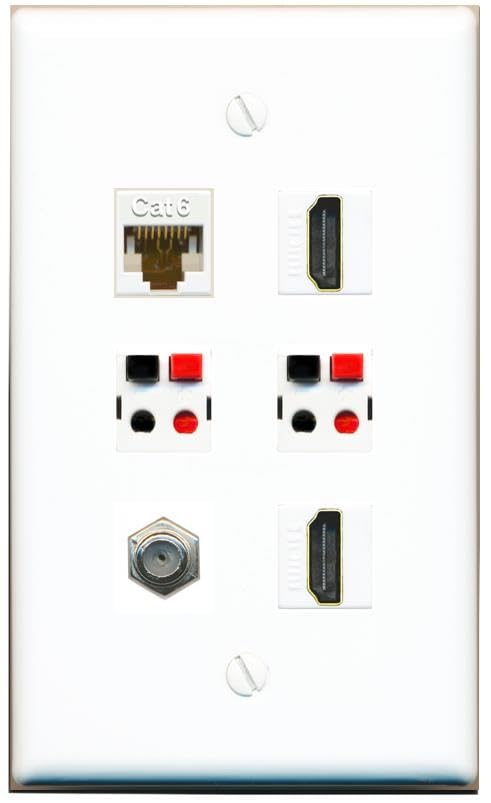 RiteAV CAT6 COAX 2 HDMI 2 SPEAKER Flat/Solid Wall Plate [White]