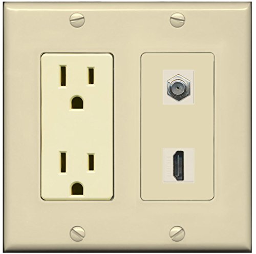 RiteAV - 15 Amp Power Outlet and 1 Port HDMI Coax Cable TV- F-Type Decorative Wall Plate - Ivory