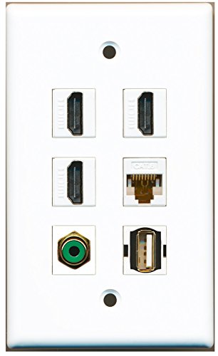 RiteAV - 3 HDMI 1 Port RCA Green 1 Port USB A-A 1 Port Cat6 Ethernet White Wall Plate