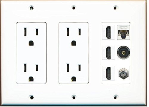 RiteAV - (3 Gang) 2 15A Power Outlet 3 HDMI Coax Cat5e White Toslink Wall Plate White