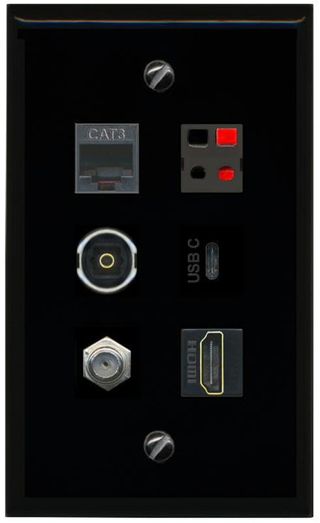 RiteAV COAX HDMI PHONE SPEAKER TOSLINK USBC Flat/Solid Wall Plate [Black]