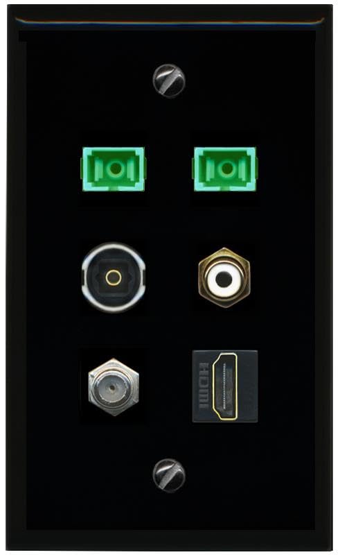 RiteAV Coax HDMI RCA White 2 SC APC Simplex Fiber TOSLINK Flat/Solid Wall Plate [Black]