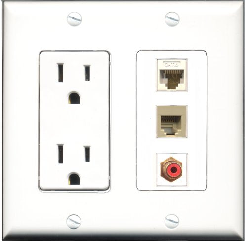 RiteAV - 15 Amp Power Outlet 1 Port RCA Red 1 Port Phone Beige 1 Port Shielded Cat6 Ethernet Ethernet Decorative Wall Plate