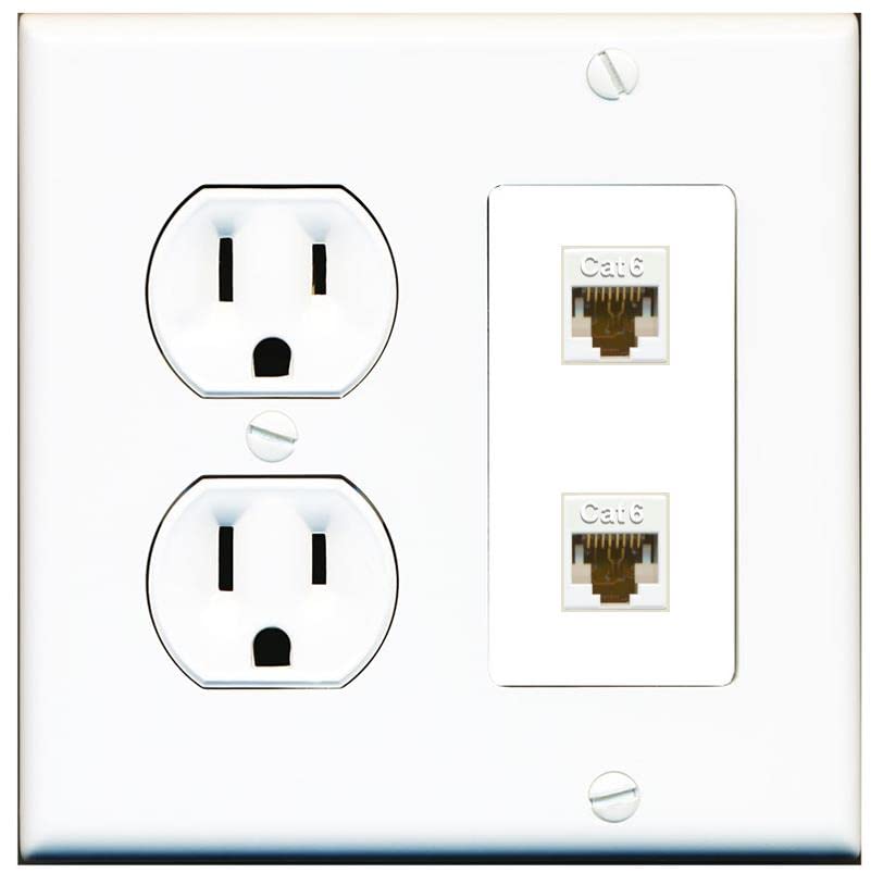 15 Amp Duplex Round Power Outlet 2 Port Cat6 Ethernet Wall Plate White