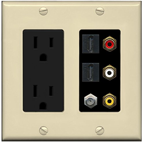 RiteAV - 2 x 15 Amp 125V Power Outlet 3 x RCA - 2 X HDMI and 1 x Coax Cable TV Port Wall Plate - Ivory/Black