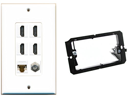 RiteAV Mounting Bracket and 1 Gang Decorative 4 HDMI Coax Cat6 Wall Plate White